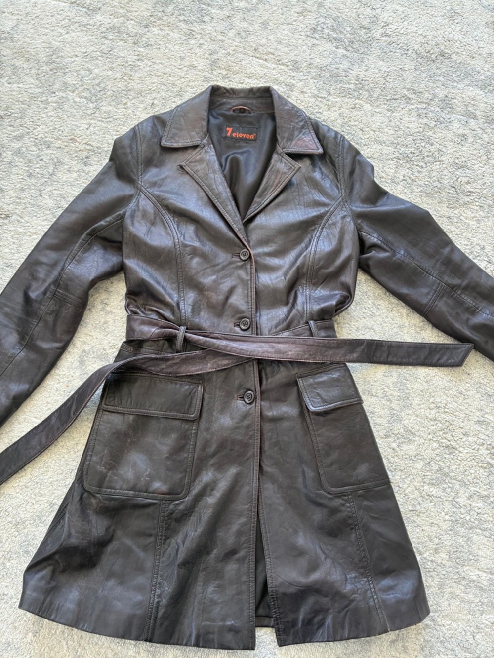 Vintage Black Leather Trench Coat with Belt